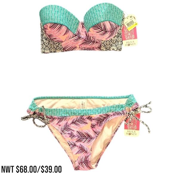 NWT HULAโHONEY Women's leaf Print PUSH-UP Bikini & Hipster Bottoms Swimsuit - Picture 2 of 13